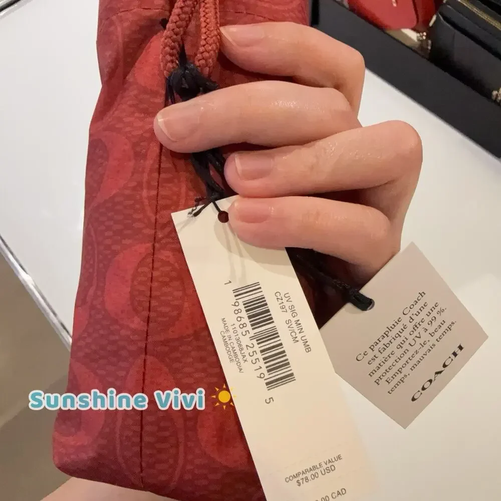 NWT Coach Uv Protection Mini Umbrella In Signature Print CZ197 Silver/Crimson